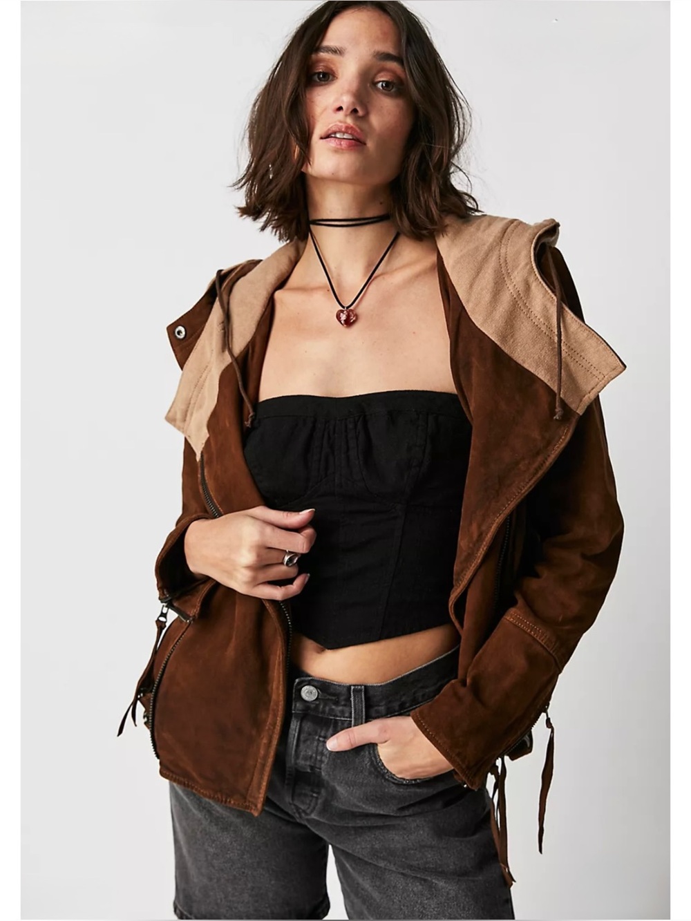 FREE PEOPLE | RARE Coco Genuine Suede Hooded Moto Jacket in Whiskey, Size Small